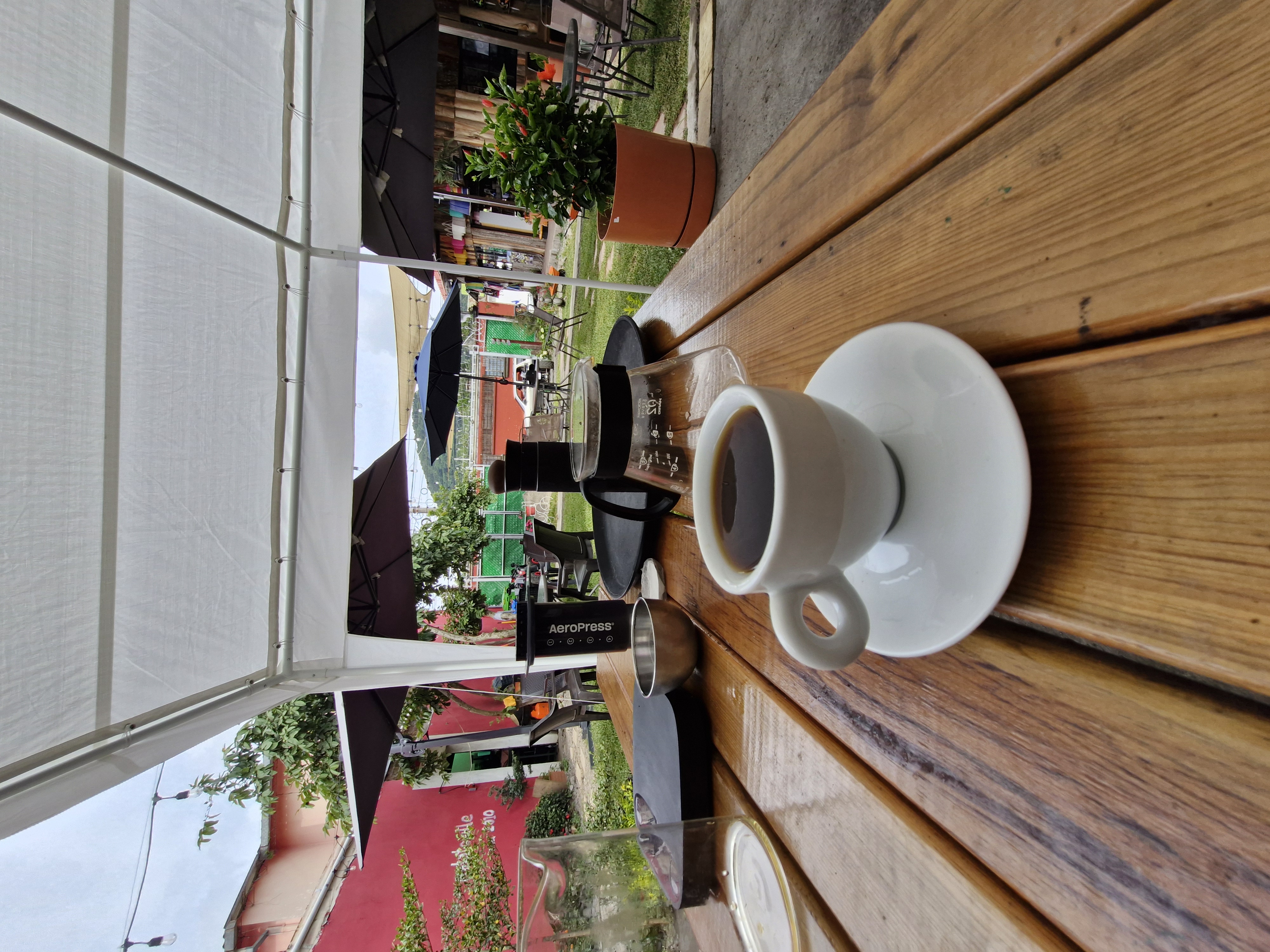 Café servido en el jardín